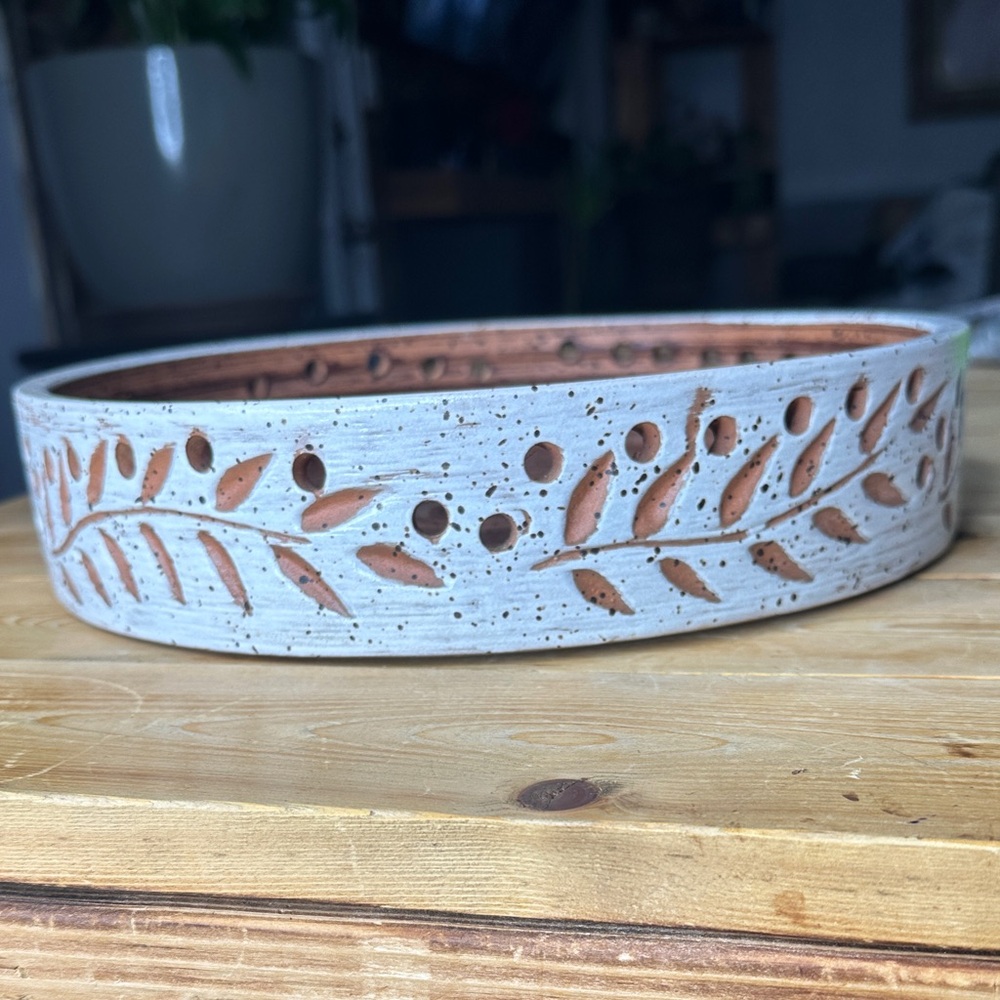 Hand Crafted White and Tan Ceramic Leaf Bowl